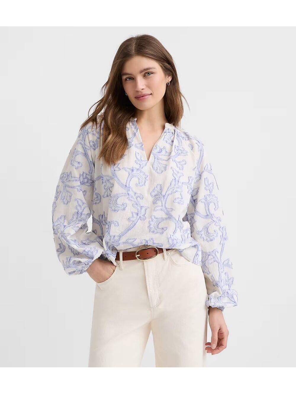 Loft NWOT Women's Blue Paisley Jacquard Split Neck Blouse Size L Petite